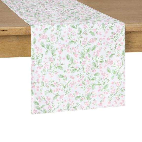 MARTHA STEWART Kimberly All Over Floral/Gingham Reversible Table Runner, 100% Cotton, Pink/Green, 14"x72"