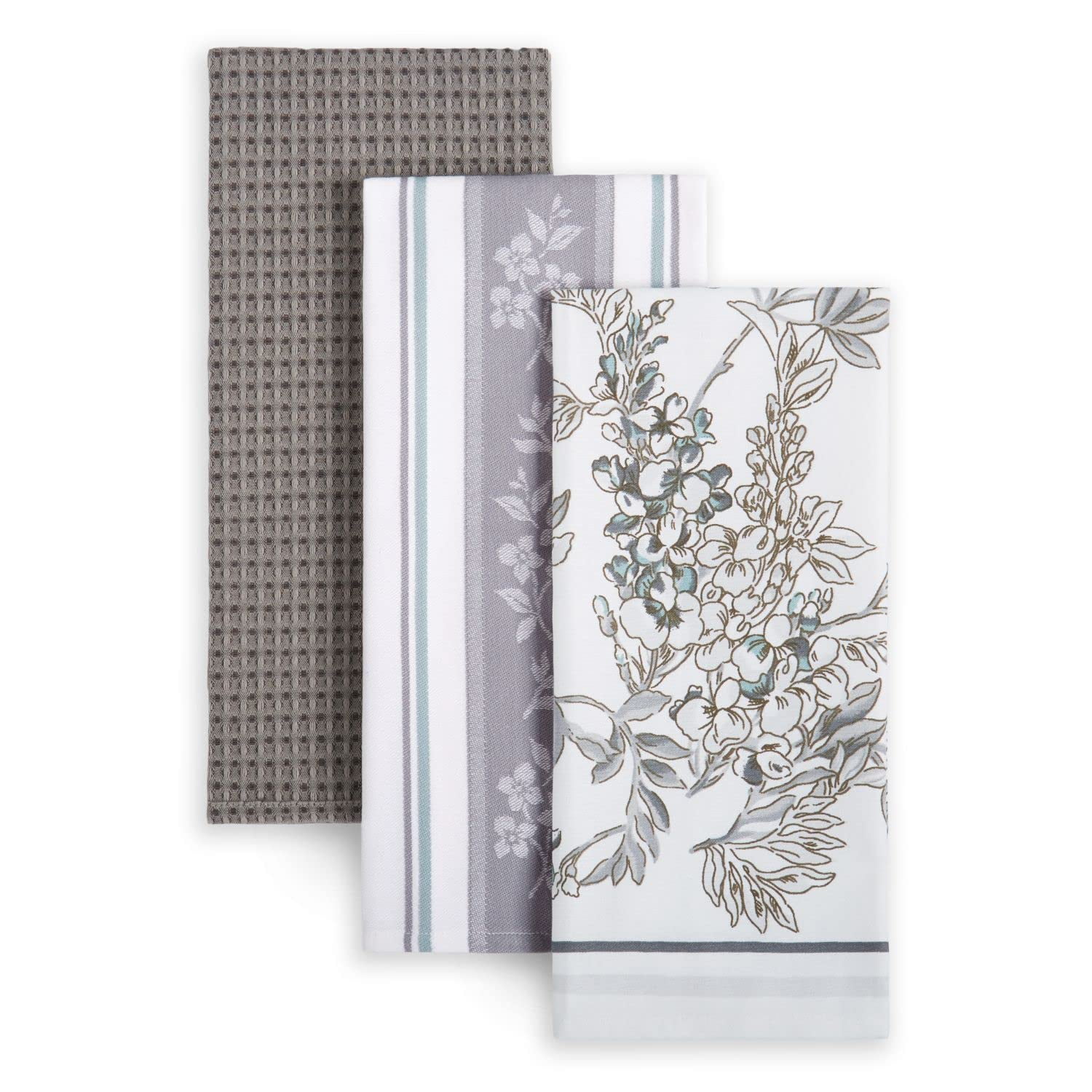 Gray and White Cotton Jacquard Stripe Kitchen Towel Set, 3-Pack