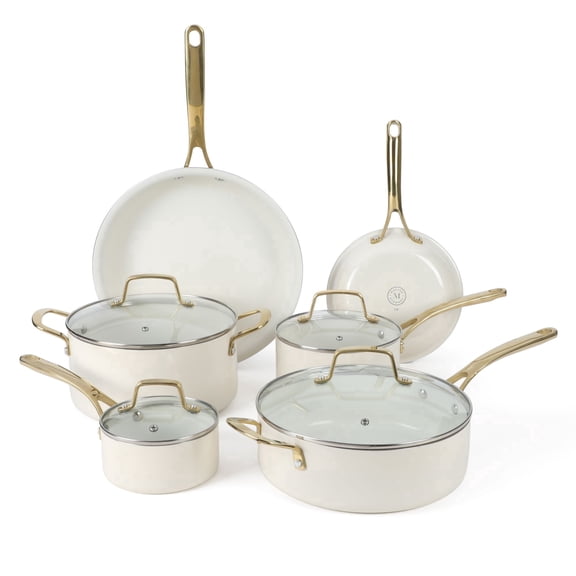 MARTHA STEWART Lockton Premium 10-Piece Enameled Heavy Gauge Aluminum Ceramic Nonstick Cookware Set in Linen