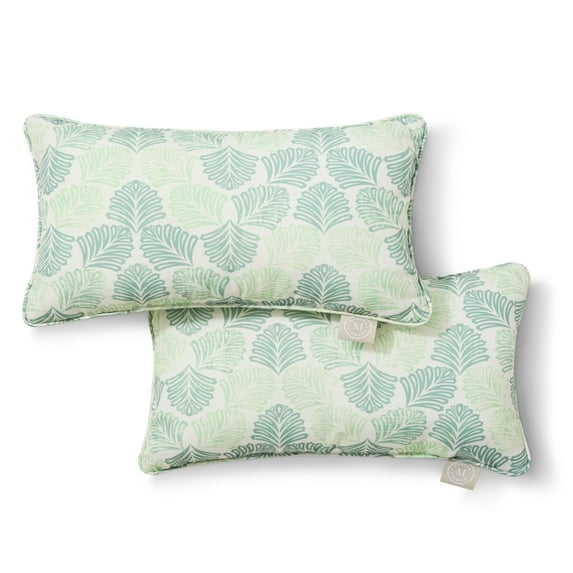 MARTHA STEWART Modern Banana Leaves Indoor Outdoor Decorative Lumbar Pillow 2-Pack Set, UV Fade Resistant, Water Repellent, Printed Tropical Design, Green, 11"x18"