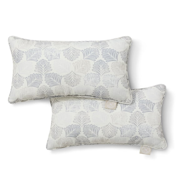 MARTHA STEWART Modern Banana Leaves Indoor Outdoor Decorative Lumbar Pillow 2-Pack Set, UV Fade Resistant, Water Repellent, Printed Tropical Design, Warm Grey, 11"x18"