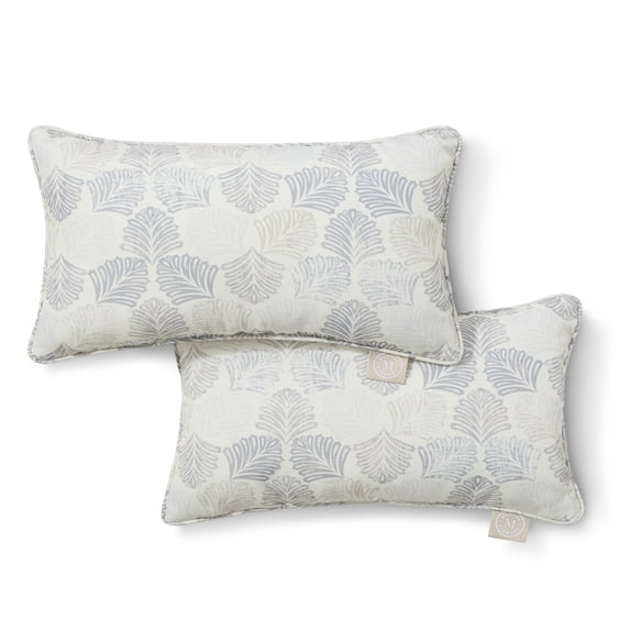 MARTHA STEWART Modern Banana Leaves Indoor Outdoor Decorative Lumbar Pillow 2-Pack Set, UV Fade Resistant, Water Repellent, Printed Tropical Design, Warm Grey, 11"x18"