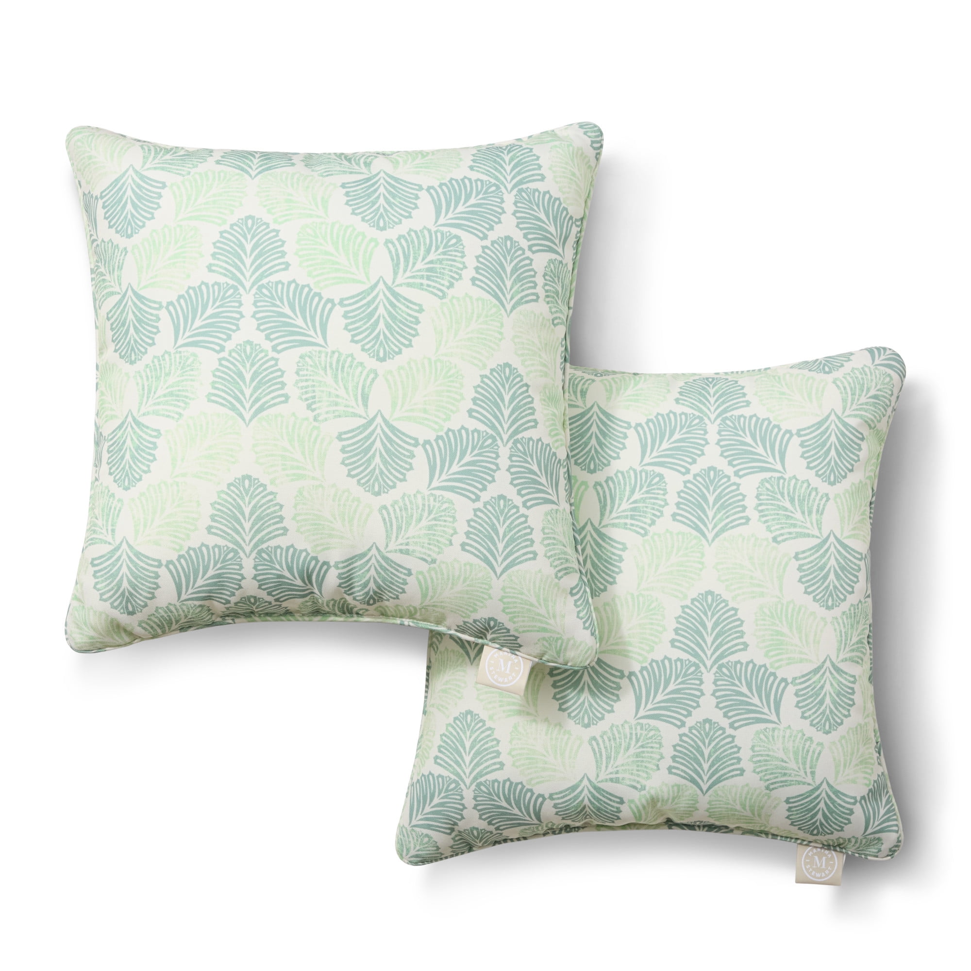MARTHA STEWART Modern Banana Leaves Indoor Outdoor Decorative Pillow 2-Pack Set, UV Fade Resistant, Water Repellent, Printed Tropical Design, Green, 18"x18"