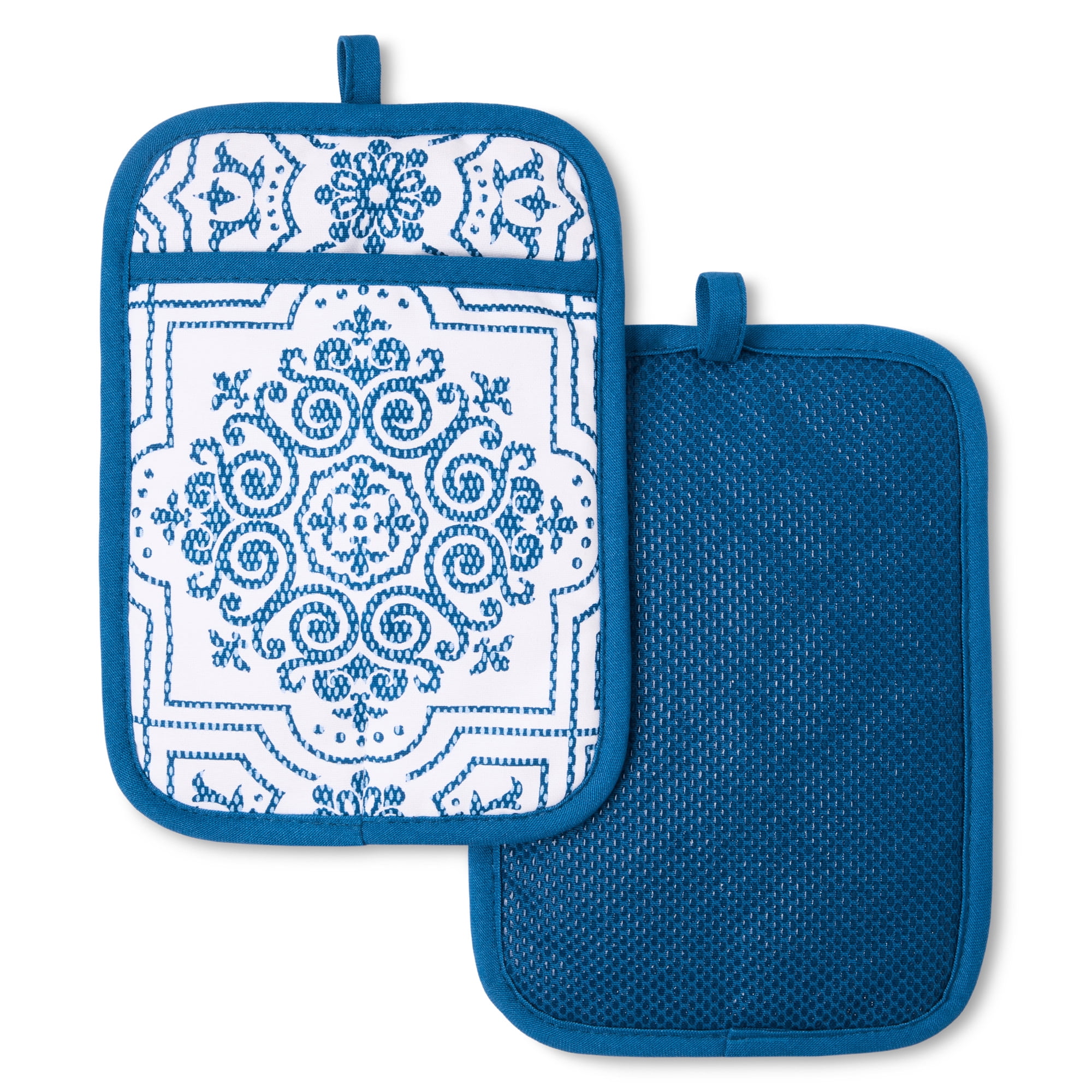 Navy Blue Silicone and Cotton Medallion Pot Holder Set