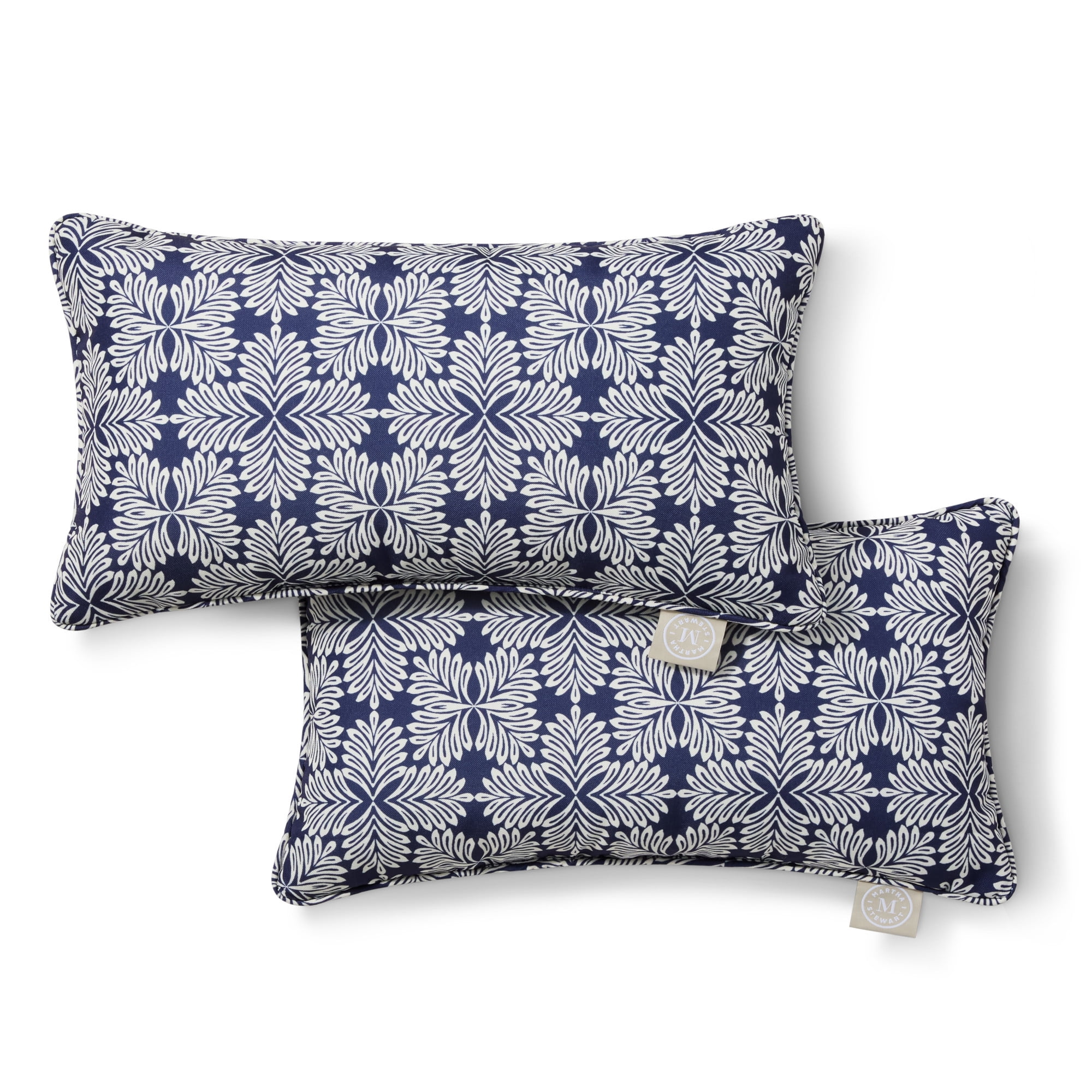MARTHA STEWART Tulum Indoor Outdoor Decorative Lumbar Pillow 2-Pack Set, UV Fade Resistant, Water Repellent, Printed Modern Design, Navy Blue, 11"x18"