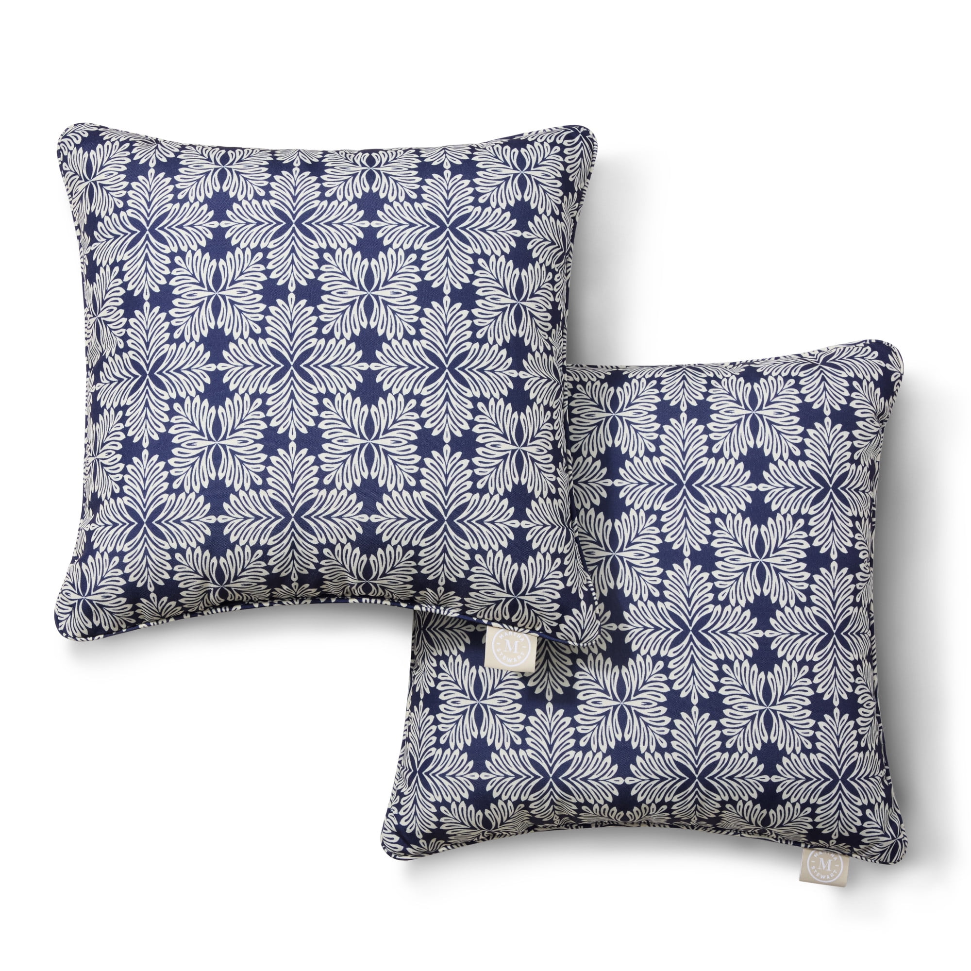 MARTHA STEWART Tulum Indoor Outdoor Decorative Pillow 2-Pack Set, UV Fade Resistant, Water Repellent, Printed Modern Design, Navy Blue, 18"x18"