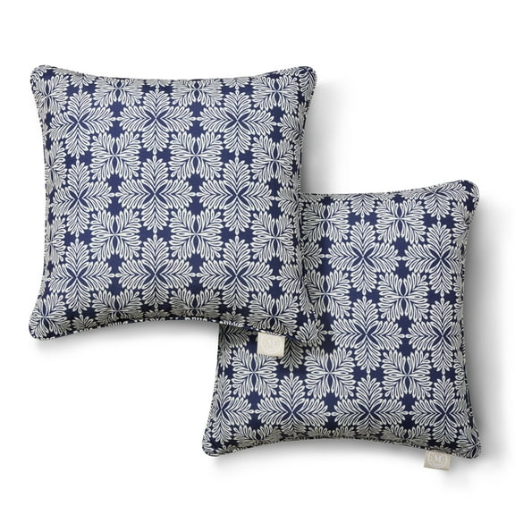 MARTHA STEWART Tulum Indoor Outdoor Decorative Pillow 2-Pack Set, UV Fade Resistant, Water Repellent, Printed Modern Design, Navy Blue, 18"x18"