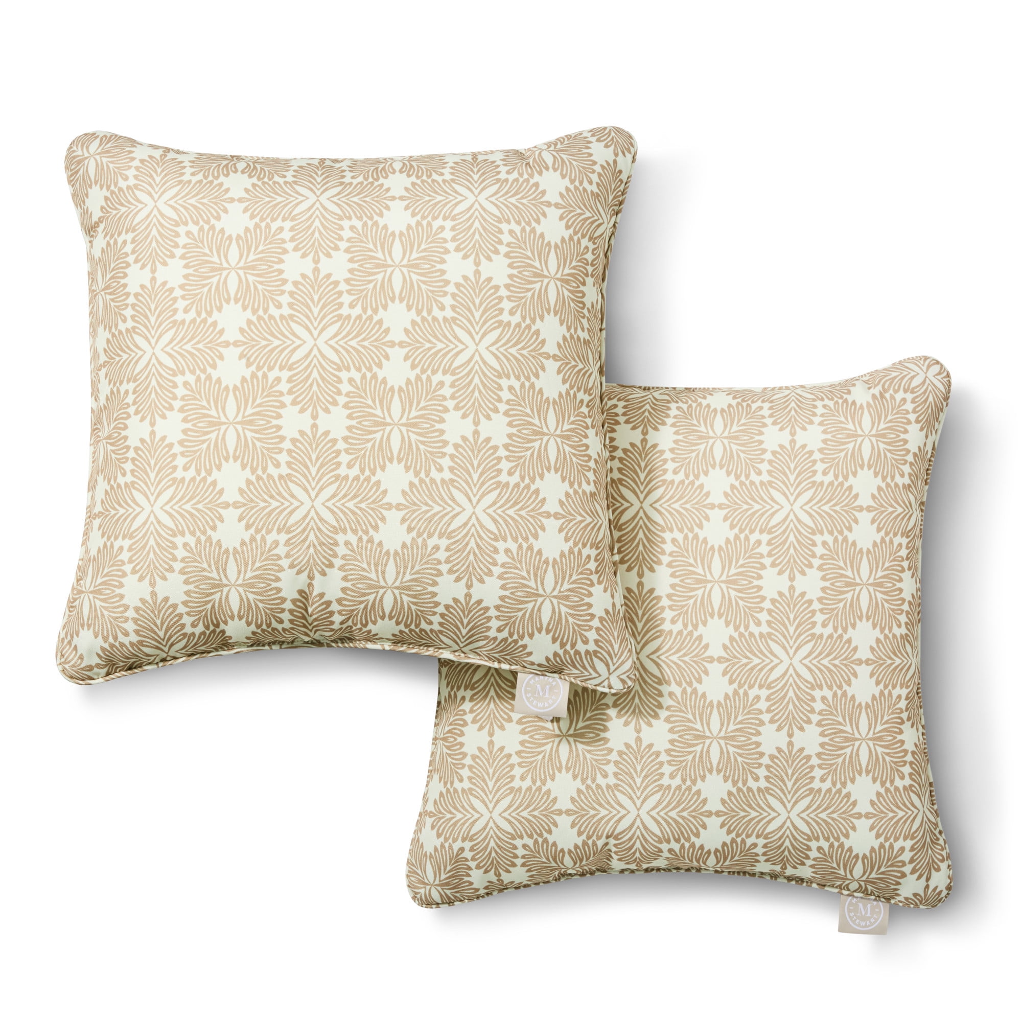 MARTHA STEWART Tulum Indoor Outdoor Decorative Pillow 2-Pack Set, UV Fade Resistant, Water Repellent, Printed Modern Design, Taupe, 18"x18"