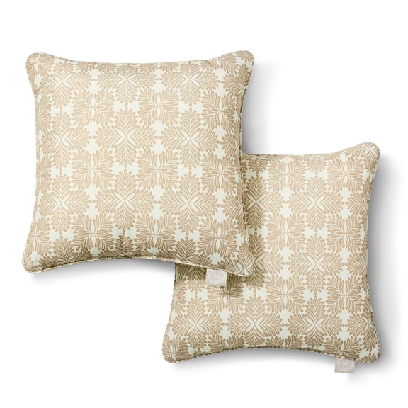 MARTHA STEWART Tulum Indoor Outdoor Decorative Pillow 2-Pack Set, UV Fade Resistant, Water Repellent, Printed Modern Design, Taupe, 18"x18"