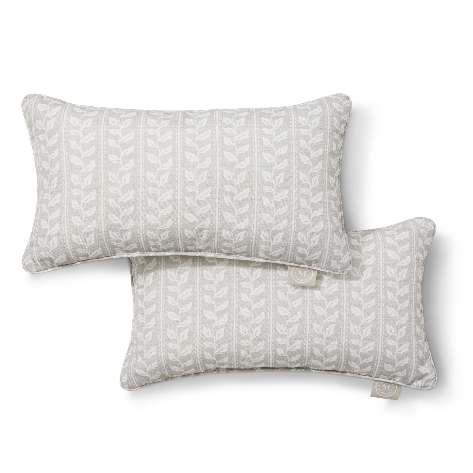 MARTHA STEWART Vineyard Vines Indoor Outdoor Decorative Lumbar Pillow 2-Pack Set, UV Fade Resistant, Water Repellent, Printed Garden Design, Warm Grey, 11"x18"