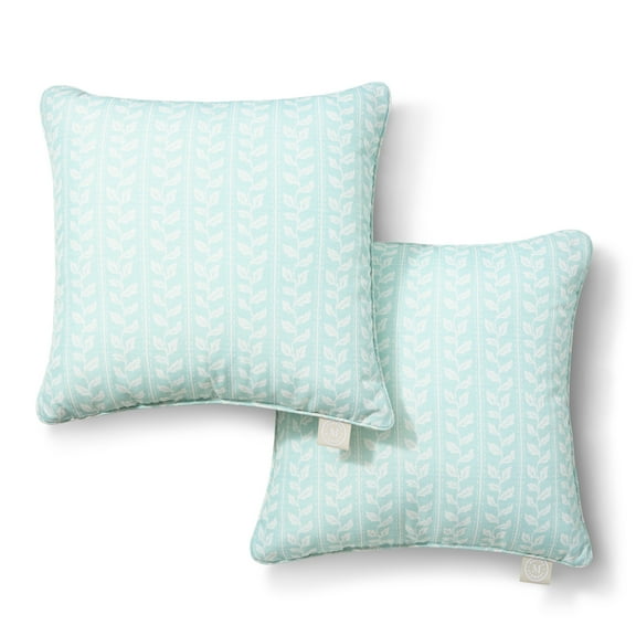 MARTHA STEWART Vineyard Vines Indoor Outdoor Decorative Pillow 2-Pack Set, UV Fade Resistant, Water Repellent, Printed Garden Design, Aqua Blue, 18"x18"