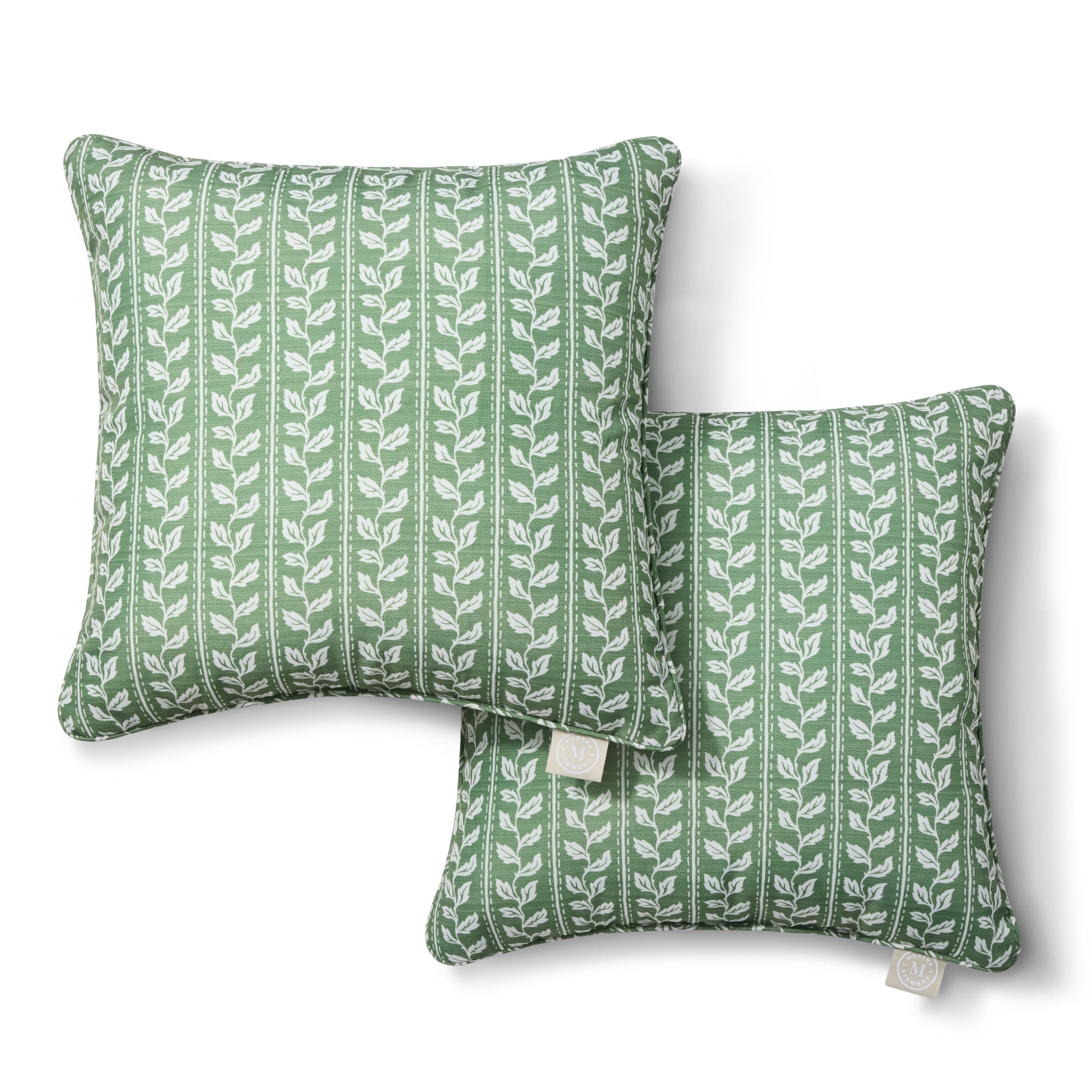 MARTHA STEWART Vineyard Vines Indoor Outdoor Decorative Pillow 2-Pack Set, UV Fade Resistant, Water Repellent, Printed Garden Design, Green, 18"x18"