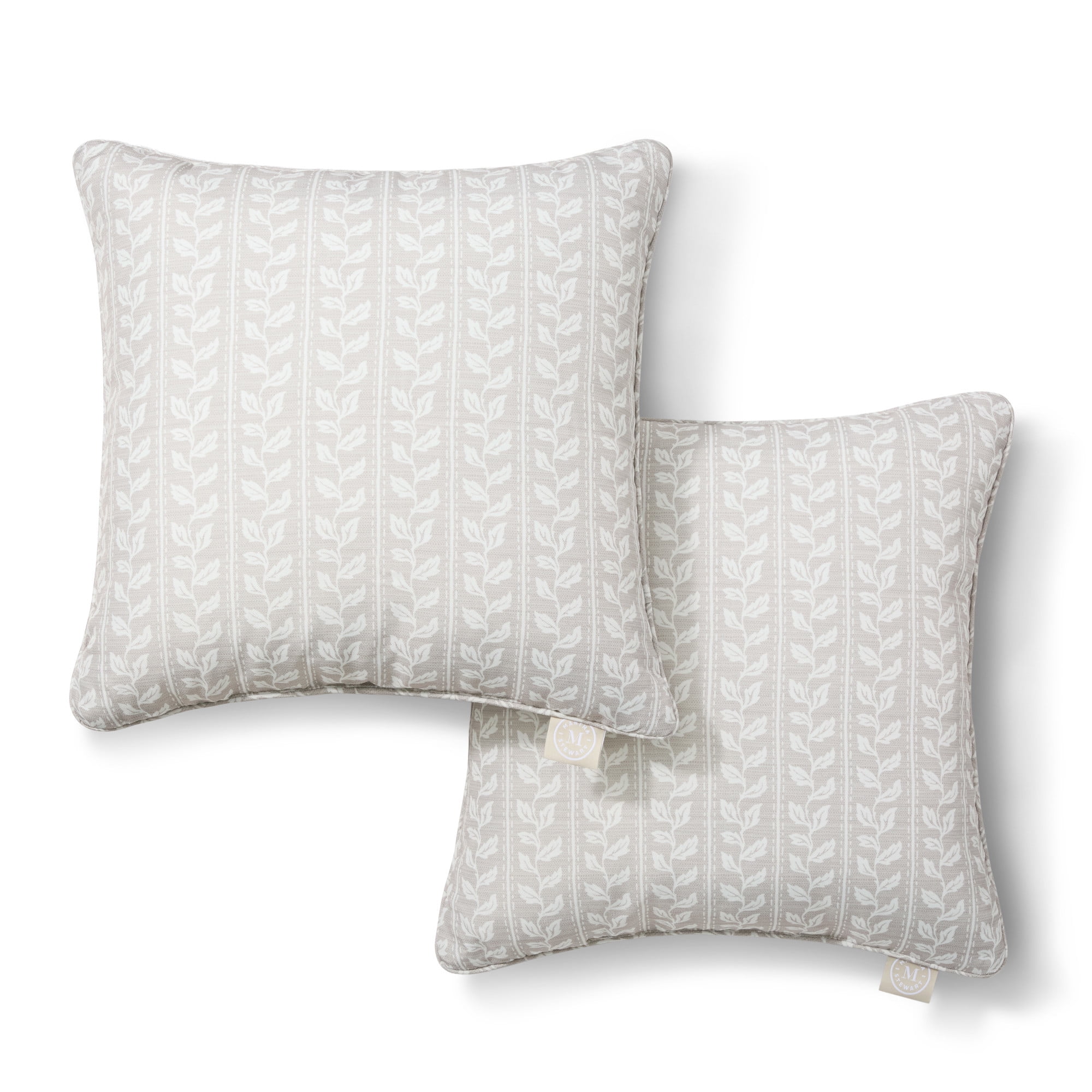 MARTHA STEWART Vineyard Vines Indoor Outdoor Decorative Pillow 2-Pack Set, UV Fade Resistant, Water Repellent, Printed Garden Design, Warm Grey, 18"x18"