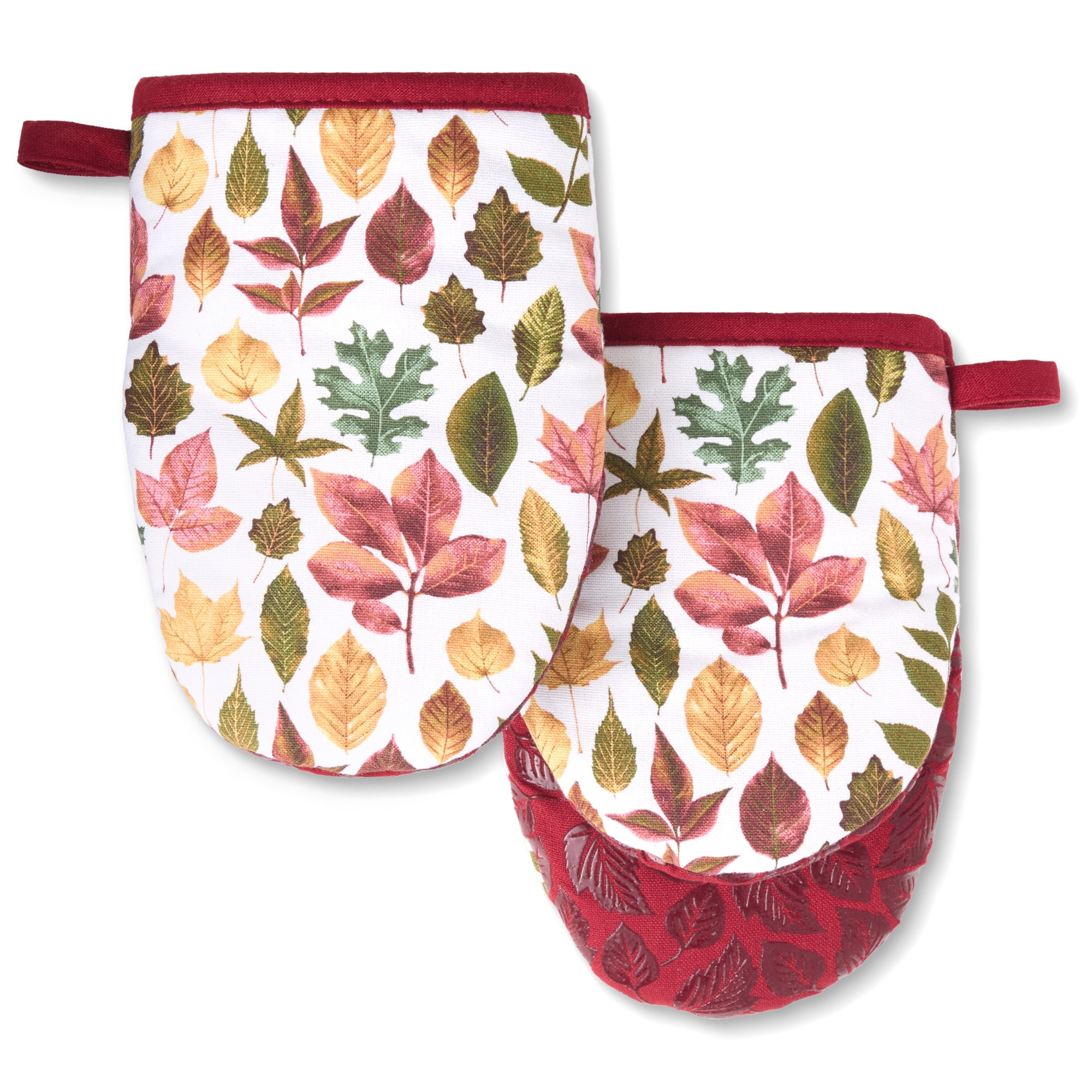 MARTHA STWEART Autumn Harvest Falling Leaves Mini Oven Mitt 2-Pack Set, 100% Cotton with Decorative Non-Slip Silicone Grip, Heat Resistant, Tan/Red/Green, 5.5"X8"