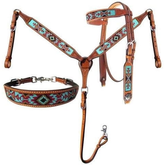 MARTIN ENTERPRISES Western Premium Leather Equestrian Trail Hand Carved Tooled Beaded Headstall, Breast Collar, Reins & Wither Straps Size Full