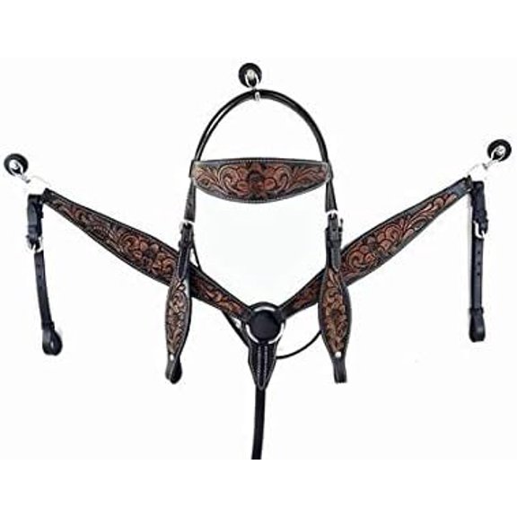 MARTIN ENTERPRISESWestern Premium Leather Hand Carved Tooled Headstall, Breast Collar, & Reins, Size Full