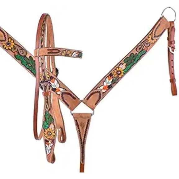 MARTIN ENTERPRISESWestern Premium Leather Hand Carved Tooled Headstall, Breast Collar, & Reins, Size Full