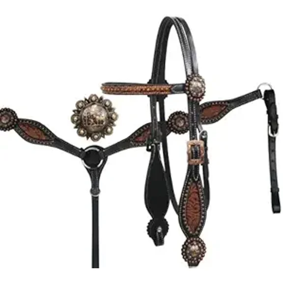 MARTIN ENTERPRISESWestern Premium Leather Hand Carved Tooled Headstall, Breast Collar, & Reins, Size Full