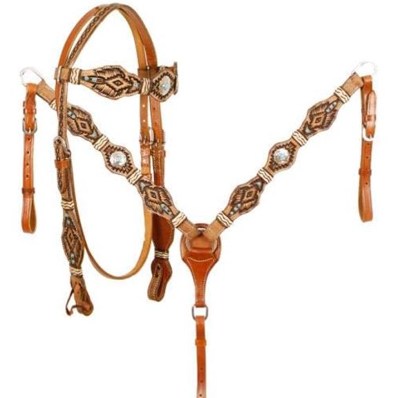 MARTIN ENTERPRISESWestern Premium Leather Hand Carved Tooled Headstall, Breast Collar, & Reins, Size Full