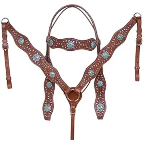 MARTIN ENTERPRISESWestern Premium Leather Hand Carved Tooled Headstall, Breast Collar, & Reins, Size Full