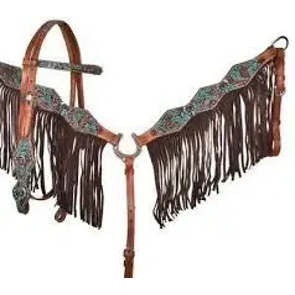 MARTIN ENTERPRISESWestern Premium Leather Hand Carved Tooled Headstall, Breast Collar, & Reins, Size Full