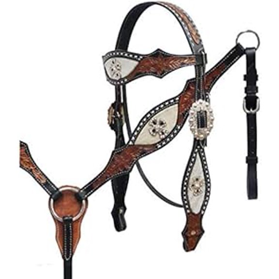 MARTIN ENTERPRISESWestern Premium Leather Hand Carved Tooled Headstall, Breast Collar, & Reins, Size Full