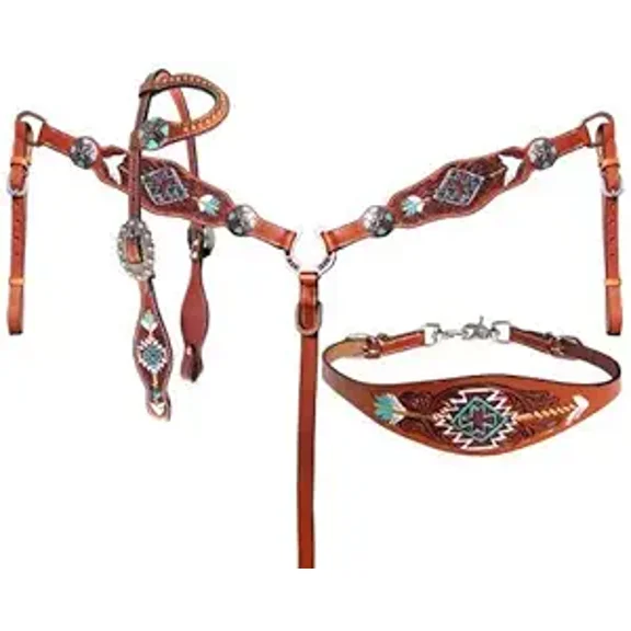 MARTIN ENTERPRISESWestern Premium Leather Hand Carved Tooled Headstall, Breast Collar, & Reins, Size Full