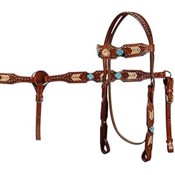 MARTIN ENTERPRISESWestern Premium Leather Hand Carved Tooled Headstall, Breast Collar, & Reins, Size Full