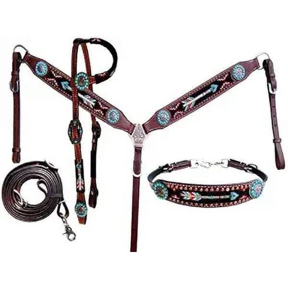 MARTIN ENTERPRISESWestern Premium Leather Hand Carved Tooled Headstall, Breast Collar, & Reins, Size Full