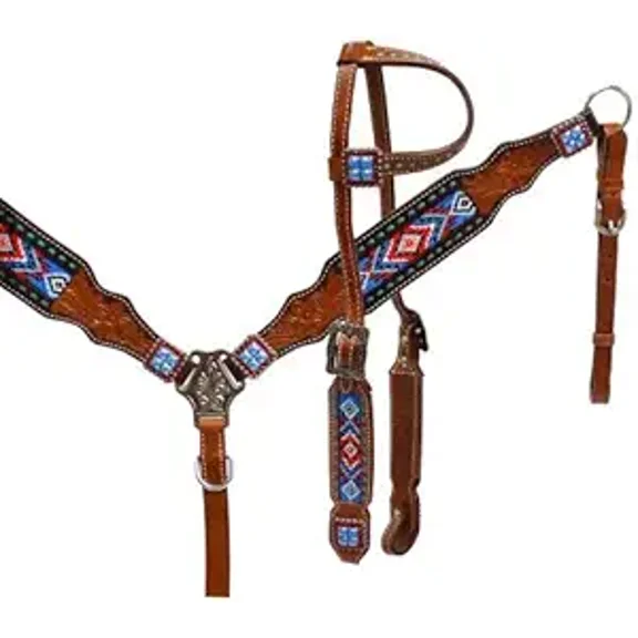 MARTIN ENTERPRISESWestern Premium Leather Hand Carved Tooled Headstall, Breast Collar, & Reins, Size Full