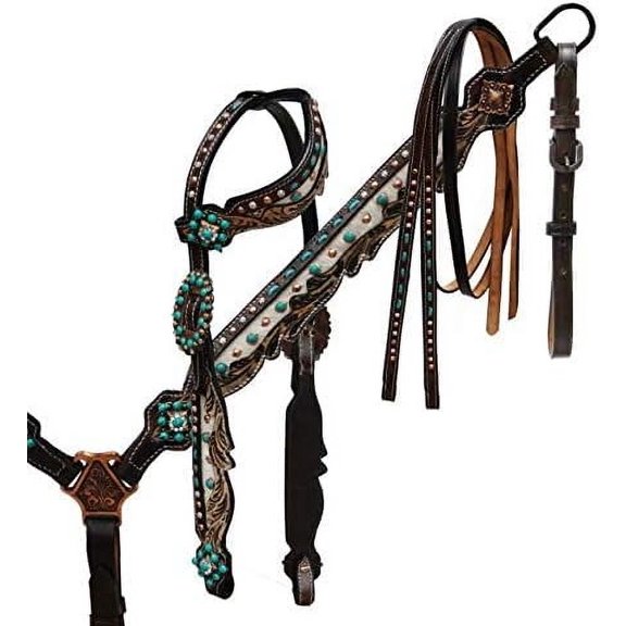 MARTIN ENTERPRISESWestern Premium Leather Hand Carved Tooled Headstall, Breast Collar, & Reins, Size Full