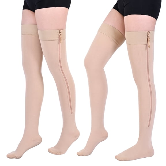 MARTINE MALL 1 Pair Beige Thigh High Zipper Compression Socks 20-30 Mmhg Closed Toe Compression Support Stockings for Pregnancy, Post-surgery, Swelling