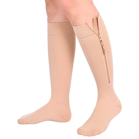MARTINE MALL 1 Pair Beige 2XL Closed Toe Medical Compression Stockings with Zipper,15-20 mmHg Knee High Compression Socks for Women Men