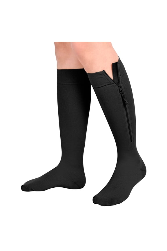 1 Pair Black XL Closed Toe Medical Compression Stockings with Zipper,15-20 mmHg Knee High Compression Socks for Women Men