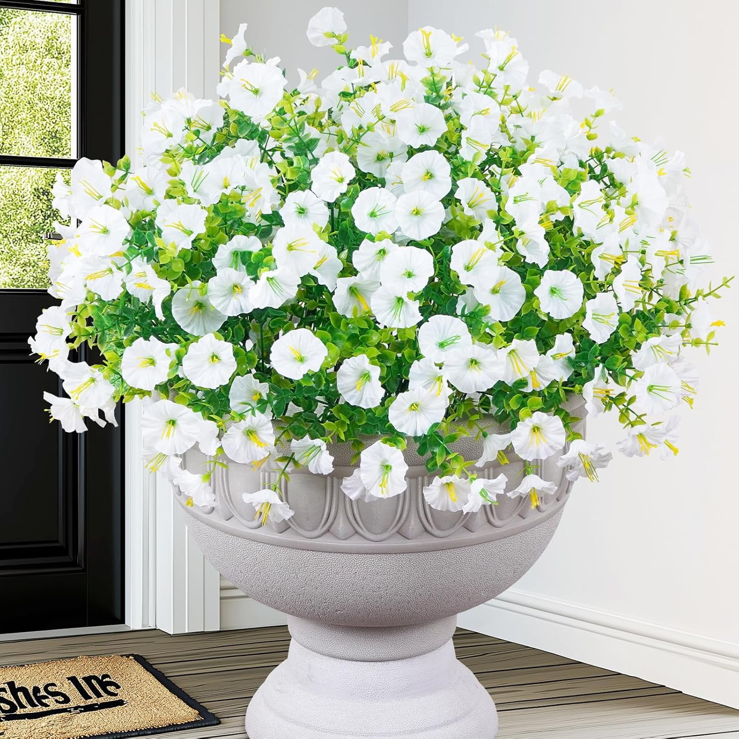MARTINE MALL 12 Bundles Look Real Artificial Flowers for Outdoors, Realistic Fake Outdoor Flowers, UV Resistant Silk Petunia Flowers for Outside Faux Flowers Plants for Outdoor Porch, White
