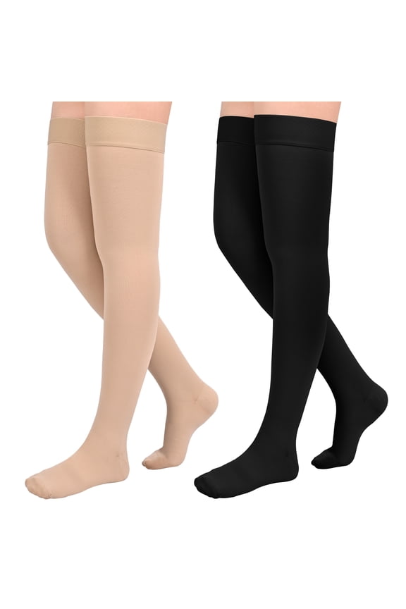 2 Pairs 20-30mmHg Thigh High Compression Stockings for Women, Medical Compression Socks for Pregnant, Teacher, Doctor, Varicose Veins (Beige Close Toe+Black Close Toe)