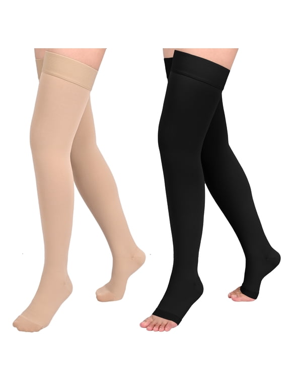 2 Pairs 20-30mmHg Thigh High Compression Stockings for Women, Medical Compression Socks for Pregnant, Teacher, Doctor, Varicose Veins (Beige Close Toe+Black Open Toe)