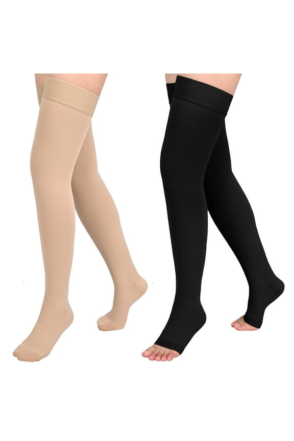 2 Pairs 20-30mmHg Thigh High Compression Stockings for Women, Medical Compression Socks for Pregnant, Teacher, Doctor, Varicose Veins (Beige Close Toe+Black Open Toe)