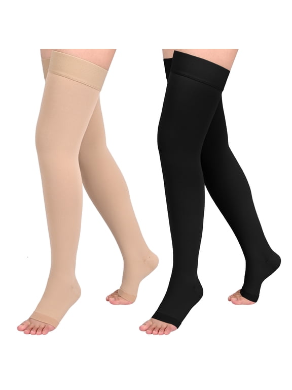 2 Pairs 20-30mmHg Thigh High Compression Stockings for Women, Medical Compression Socks for Pregnant, Teacher, Doctor, Varicose Veins (Beige Open Toe+Black Open Toe)