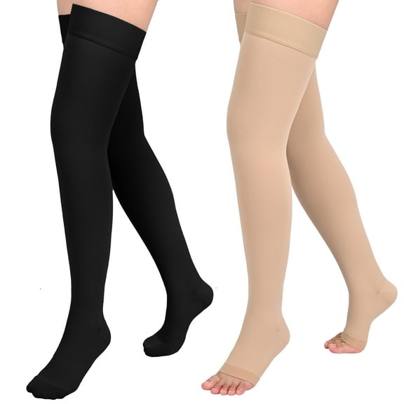 MARTINE MALL 2 Pairs 20-30mmHg Thigh High Compression Stockings for Women, Medical Compression Socks for Pregnant, Teacher, Doctor, Varicose Veins (Beige Open Toe+Black Close Toe)