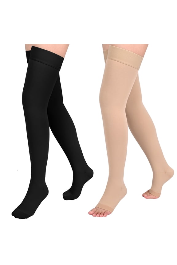 2 Pairs 20-30mmHg Thigh High Compression Stockings for Women, Medical Compression Socks for Pregnant, Teacher, Doctor, Varicose Veins (Beige Open Toe+Black Close Toe)
