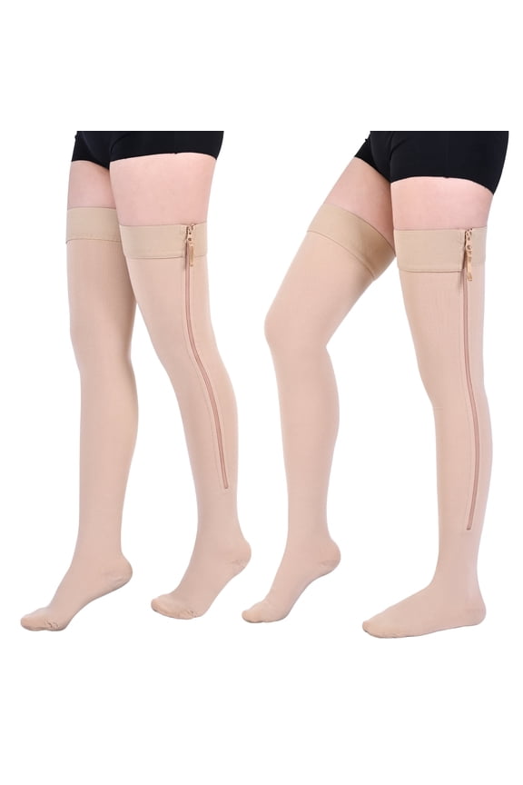 2 Pairs Beige Thigh High Zipper Compression Socks 20-30 Mmhg Closed Toe Compression Support Stockings for Pregnancy, Post-surgery, Swelling