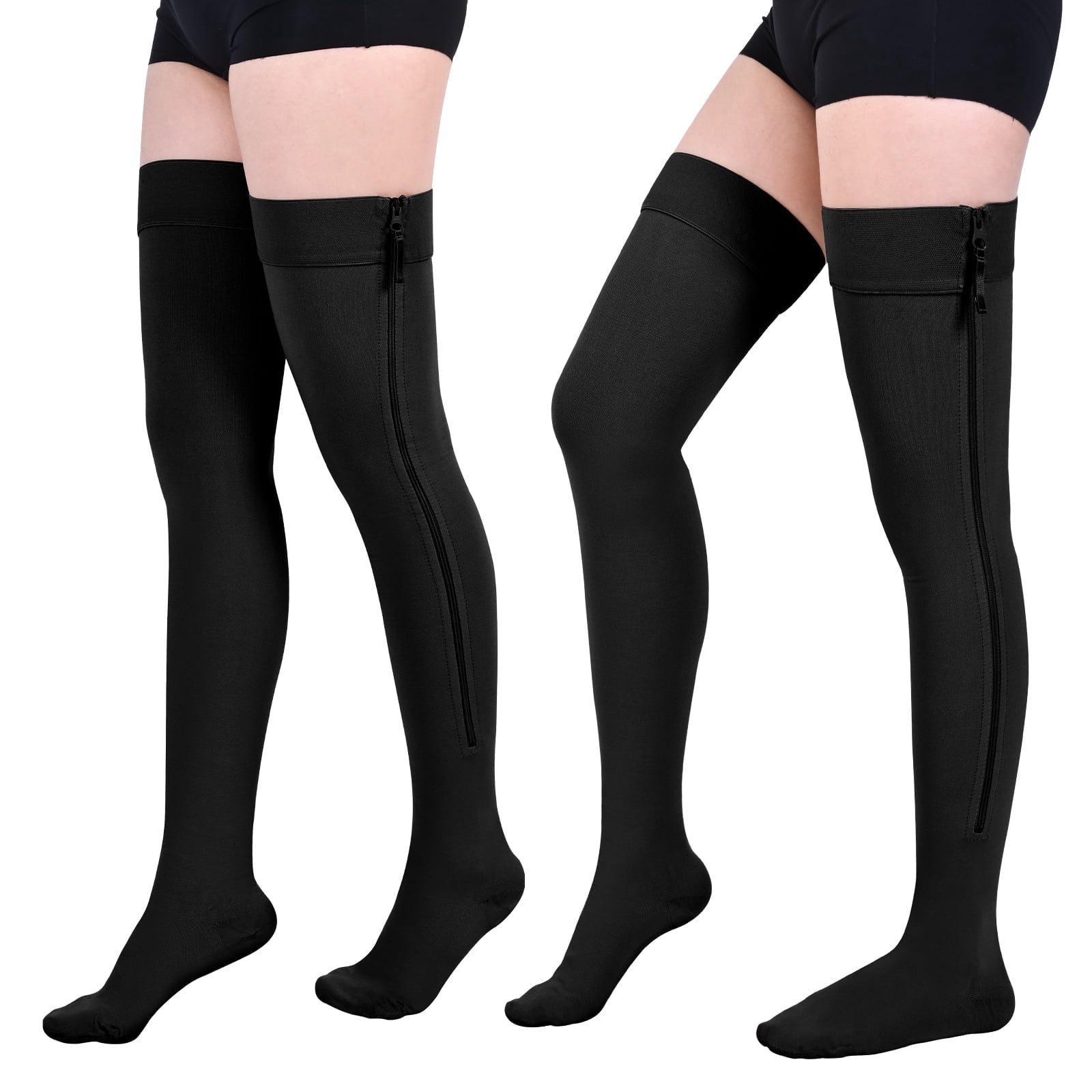 MARTINE MALL 2 Pairs Black Thigh High Zipper Compression Socks 20-30 ...