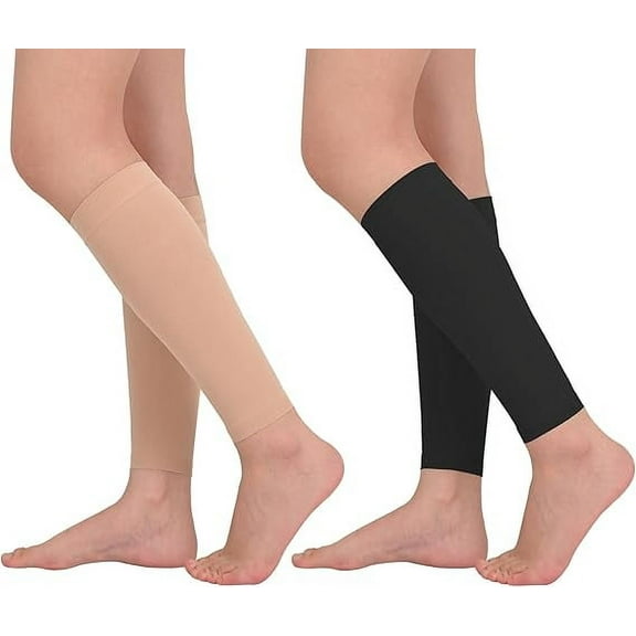 MARTINE MALL 2 Pairs Calf Compression Sleeve for Women & Men, 20-30 mmHg Graduated Leg Support Compression Socks for Shin Splint, Swelling, Varicose Vein(Black+Beige, L)