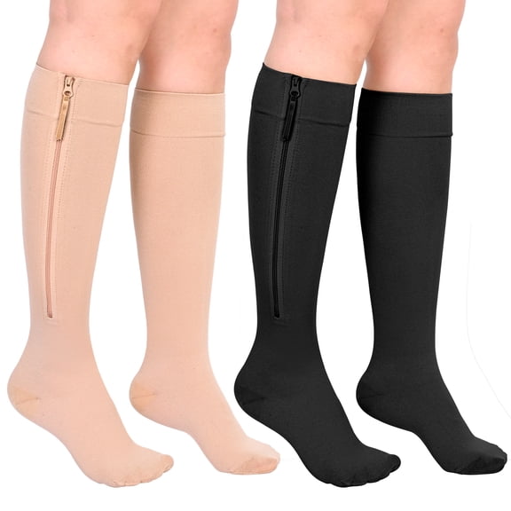 MARTINE MALL 2 Pairs Closed Toe Medical Compression Stockings with Zipper,15-20 mmHg Knee High Compression Socks for Women Men