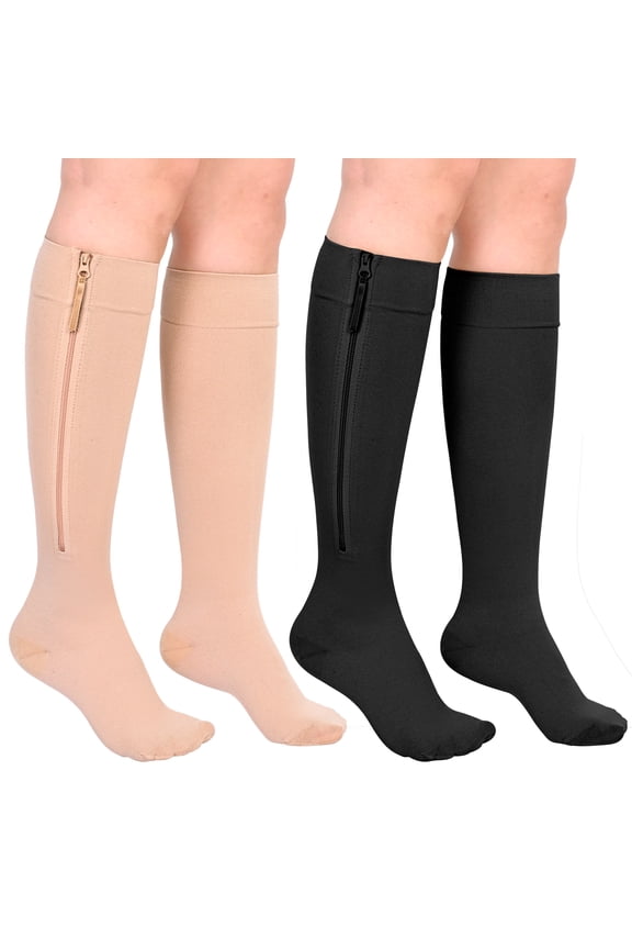2 Pairs Closed Toe Medical Compression Stockings with Zipper,15-20 mmHg Knee High Compression Socks for Women Men