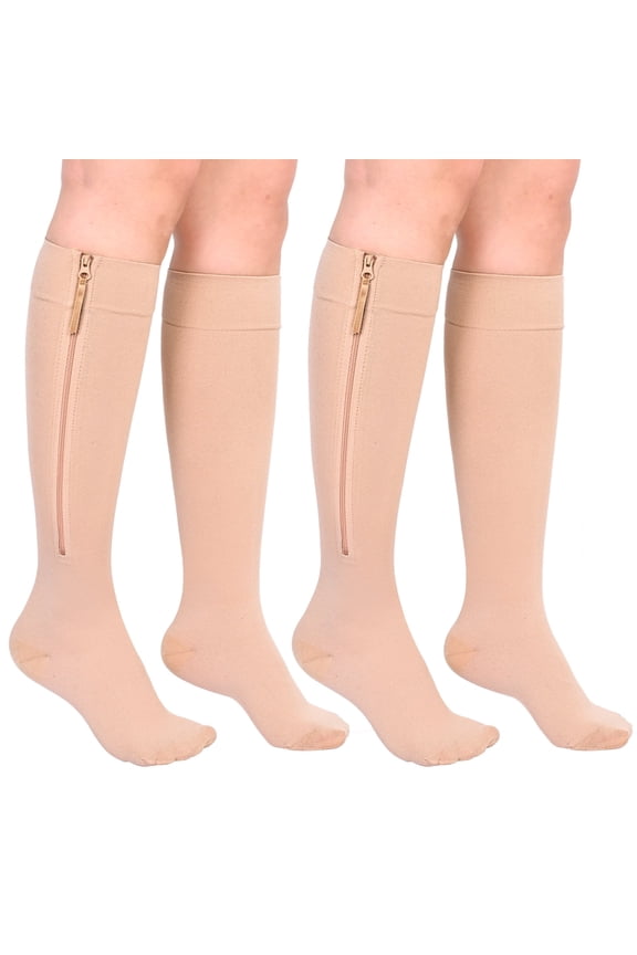2 Pairs Beige L Closed Toe Medical Compression Stockings with Zipper,15-20 mmHg Knee High Compression Socks for Women Men