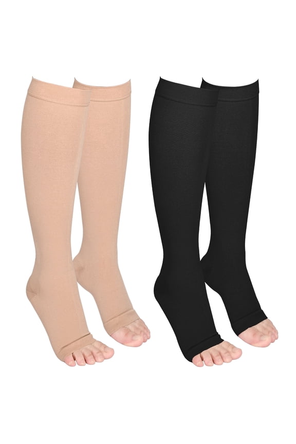 2 Pairs Open Toe Medical Compression Stockings, 20-30 mmhg Knee High Graduated Compression Socks for Women Men(Beige+Black,L)
