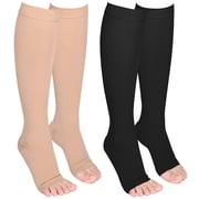 MARTINE MALL 2 Pairs Open Toe Medical Compression Stockings, 20-30 mmhg Knee High Graduated Compression Socks for Women MenBeige+Black,L