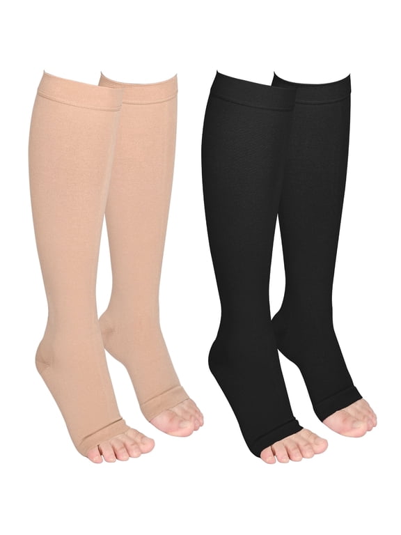 2 Pairs Open Toe Medical Compression Stockings, 20-30 mmhg Knee High Graduated Compression Socks for Women Men(Beige+Black,L)